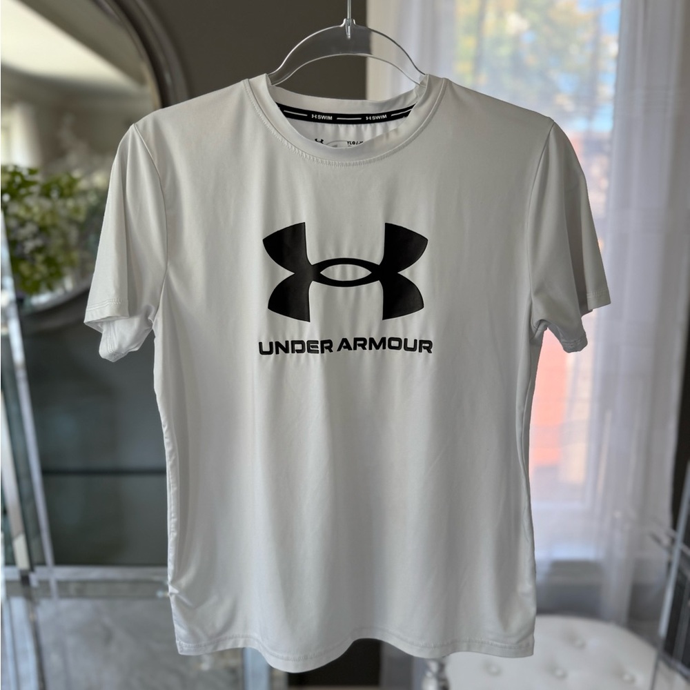 Under Armour Kids Youth White and Black Logo Swim T-Shirt 50 SPF